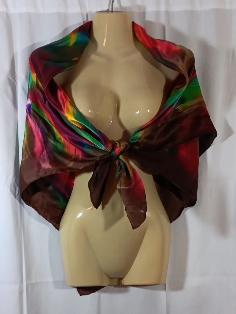 Womens Silk Large Scarf Brown Rainbow Boho Neck Sarong Headscarf Festival